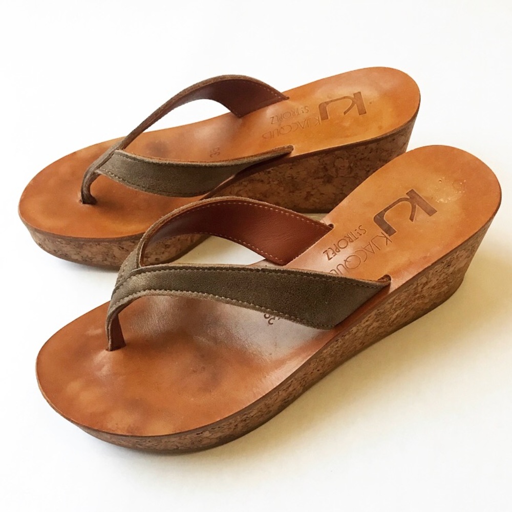 K. Jacques St. Tropez Gold Wood Platform Sandals